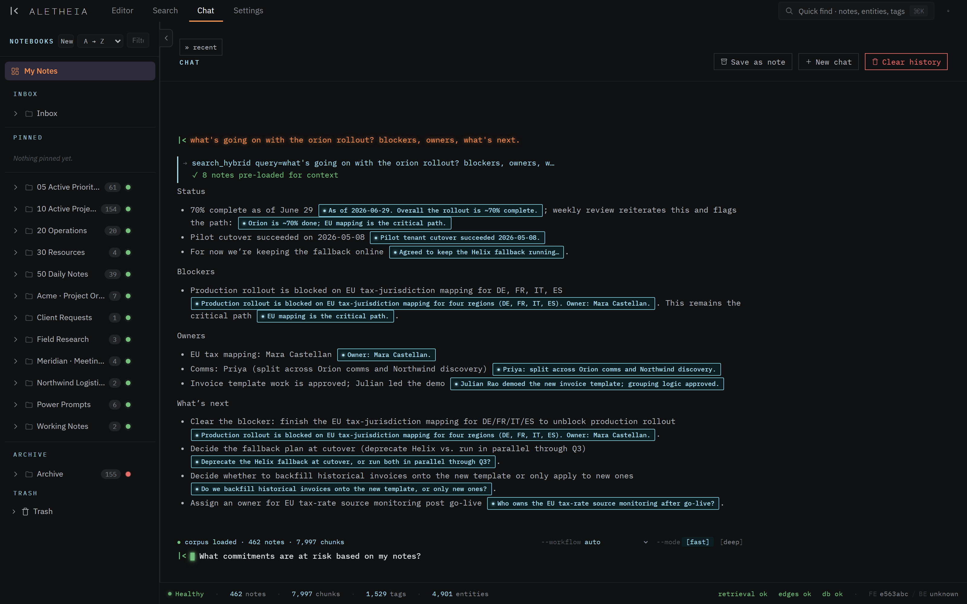 Aletheia answering a question about a project's status, with a clear summary of blockers, owners, and next steps — each point linked back to the note it came from.