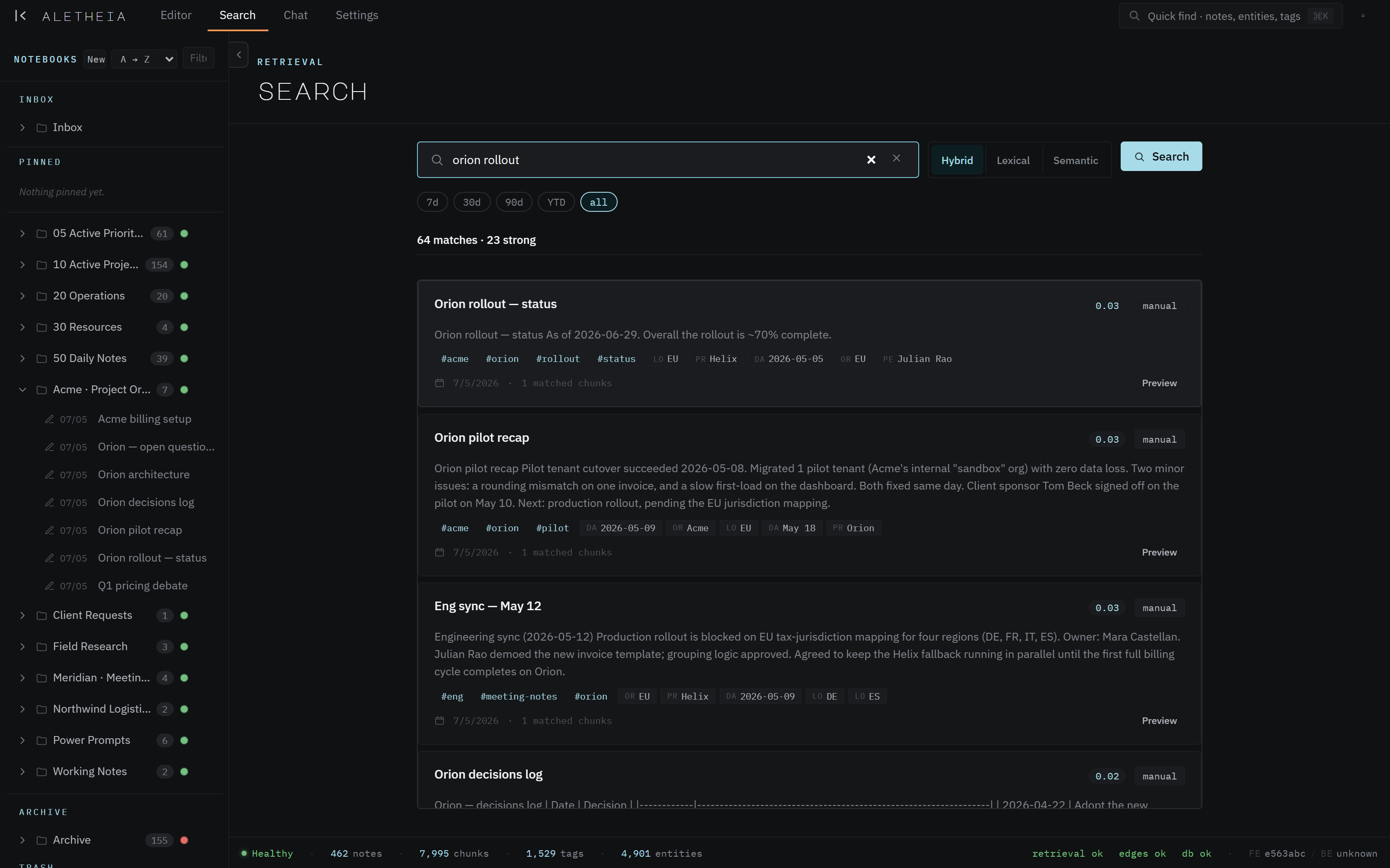 Aletheia search returning ranked, relevant results for a plain-language query, each with its topics and date.